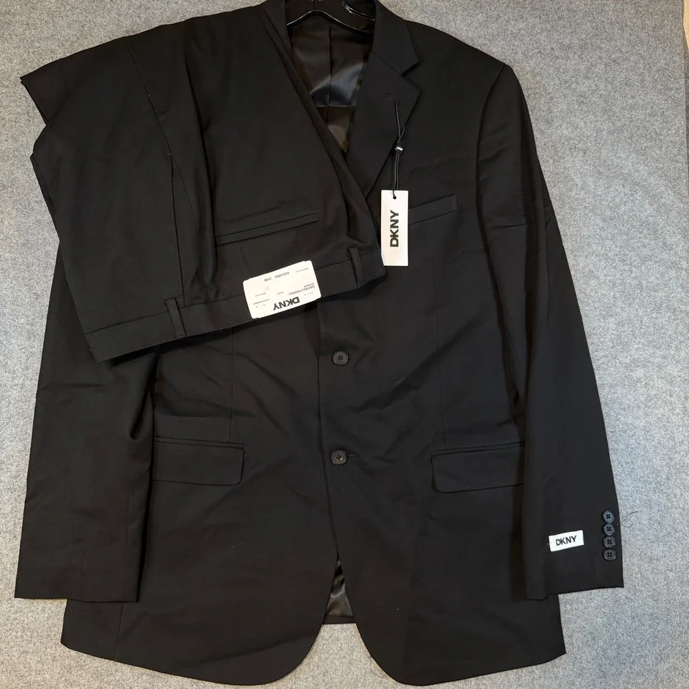DKNY Duran Mens 2 Piece Suit Black 42 Long 35W Stretch Blazer Pants DNUR217W0021